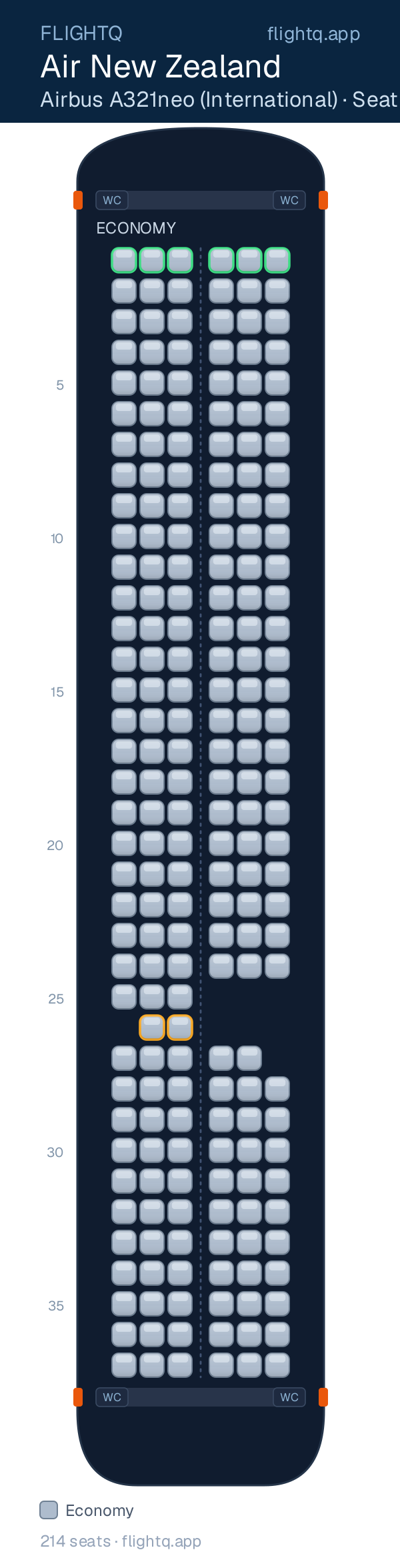 Air New Zealand Airbus A321neo seat map with 214 seats — best seats and rows to avoid