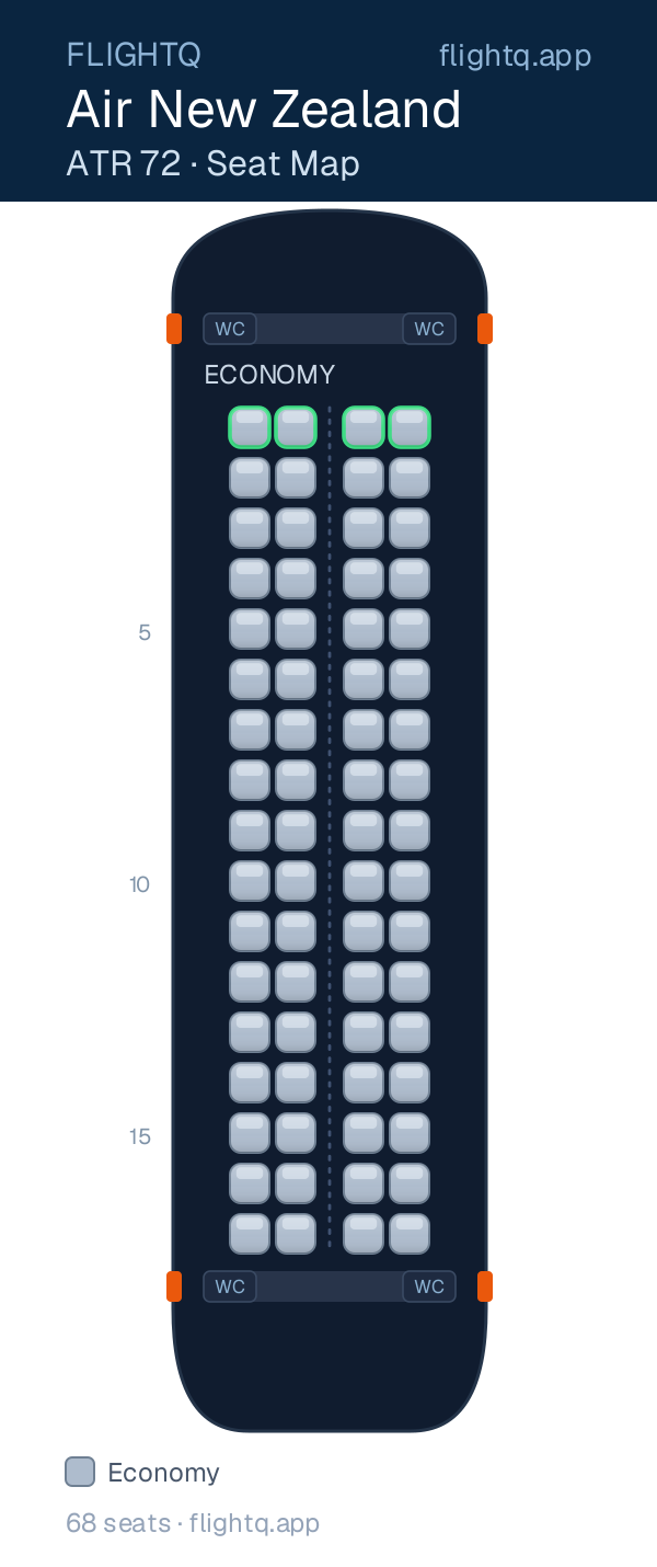 Air New Zealand ATR 72 seat map with 68 seats — best seats and rows to avoid