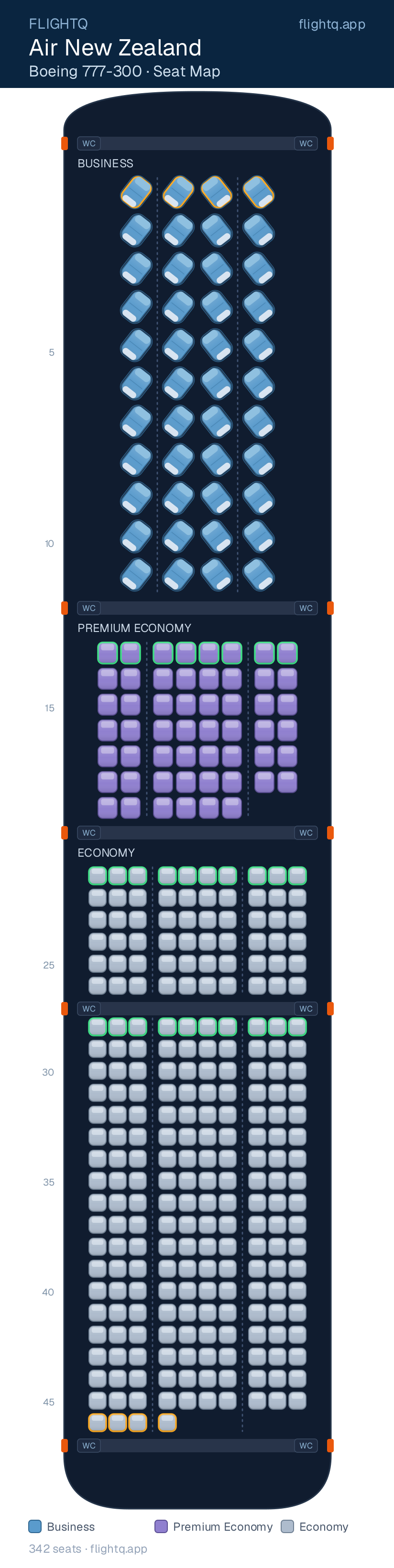 Air New Zealand Boeing 777-300ER seat map with 342 seats across 3 cabins — best seats and rows to avoid