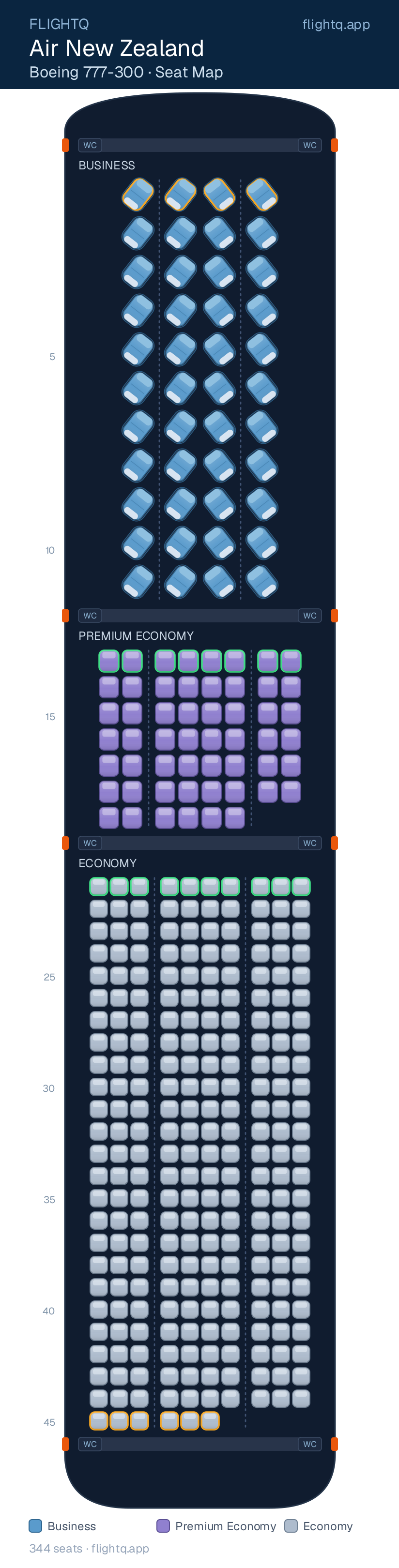 Air New Zealand Boeing 777-300ER seat map with 344 seats across 3 cabins — best seats and rows to avoid