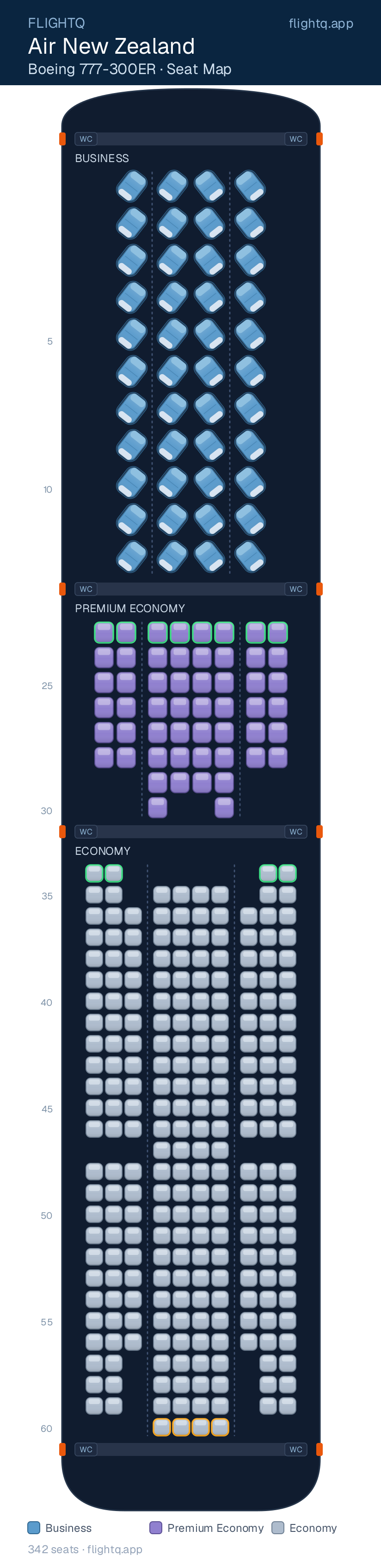 Air New Zealand Boeing 777-300ER seat map with 342 seats across 3 cabins — best seats and rows to avoid