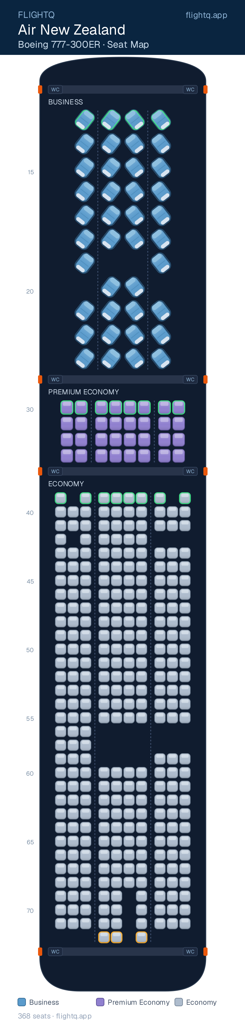 Air New Zealand Boeing 777-300ER seat map with 368 seats across 3 cabins — best seats and rows to avoid