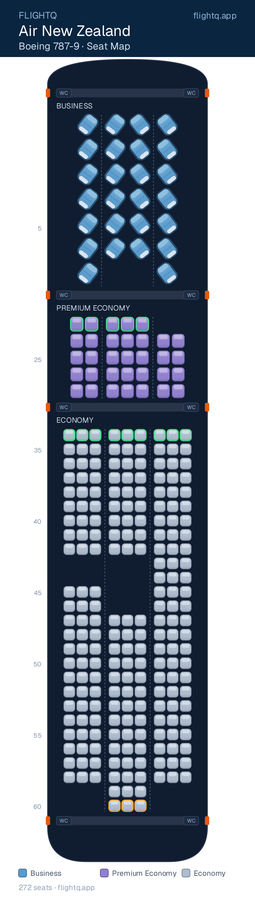 Air New Zealand Boeing 787-9 Dreamliner seat map with 272 seats across 3 cabins — best seats and rows to avoid