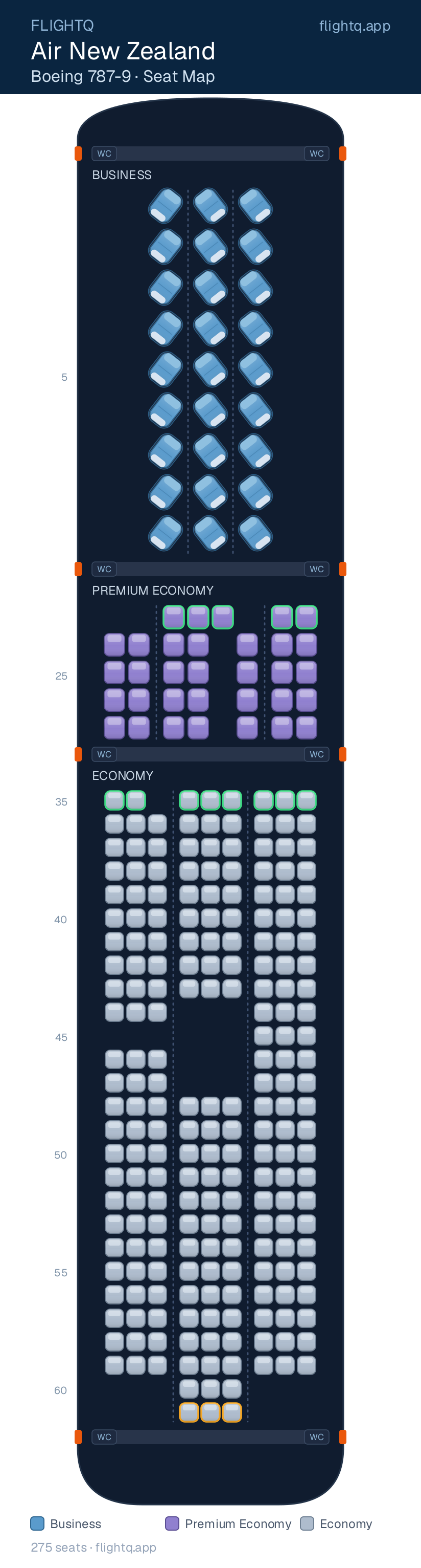 Air New Zealand Boeing 787-9 Dreamliner seat map with 275 seats across 3 cabins — best seats and rows to avoid