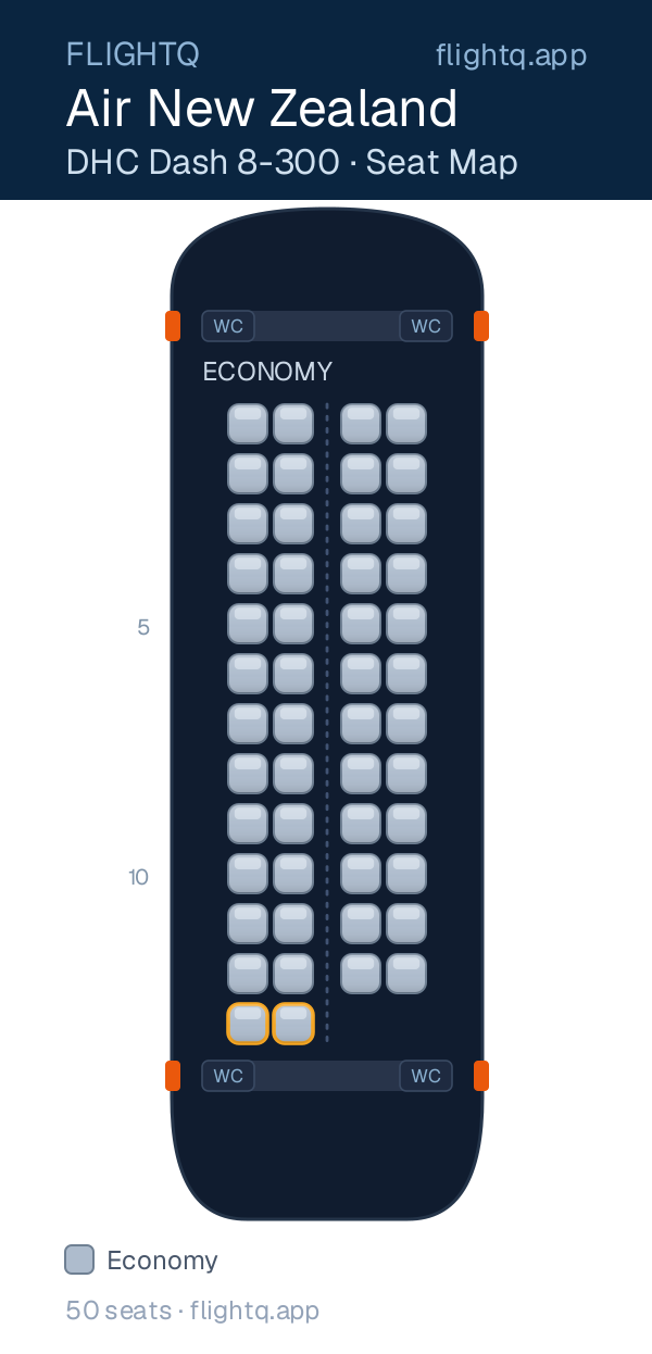 Air New Zealand DHC Dash 8-300 seat map with 50 seats — best seats and rows to avoid