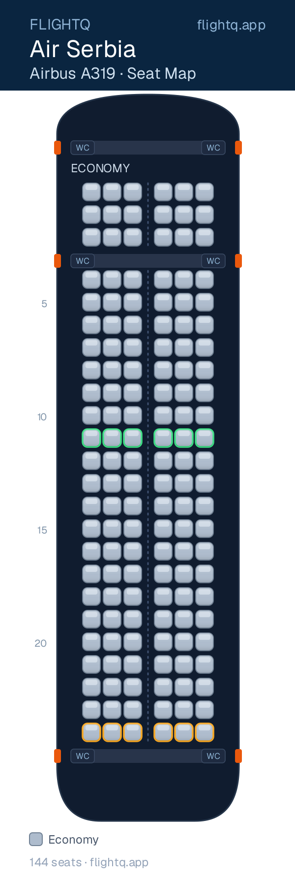 Air Serbia Airbus A319 seat map with 144 seats — best seats and rows to avoid