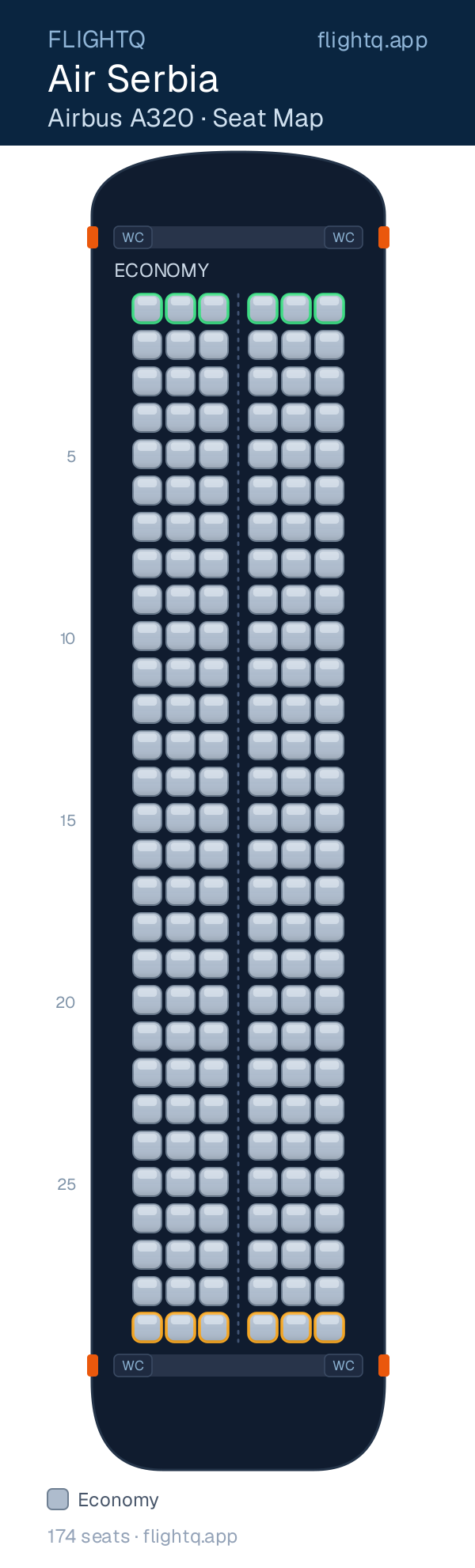 Air Serbia Airbus A320 seat map with 174 seats — best seats and rows to avoid