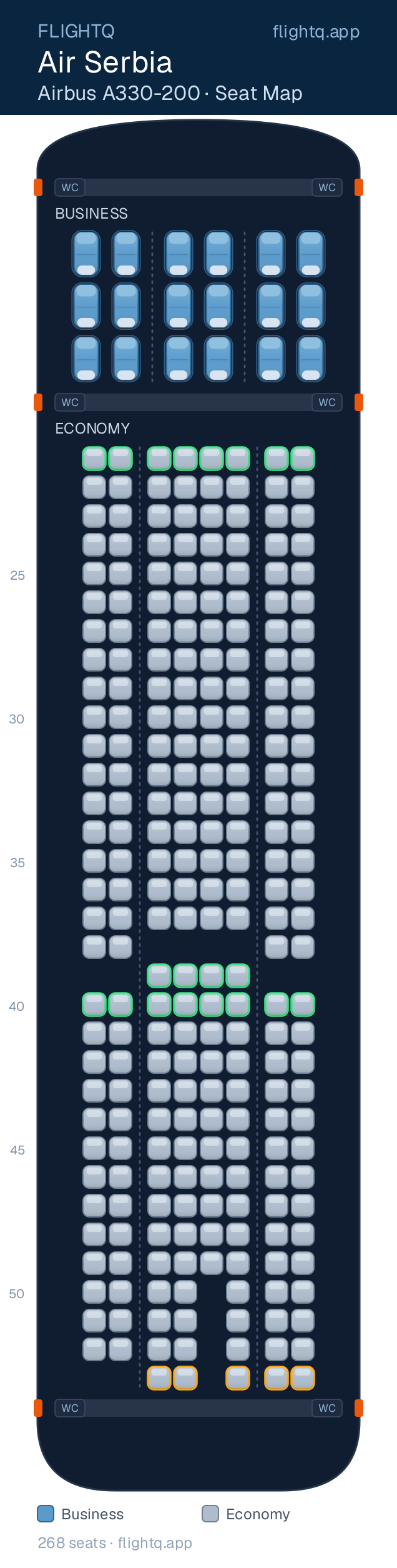 Air Serbia Airbus A330-200 seat map with 268 seats across 2 cabins — best seats and rows to avoid