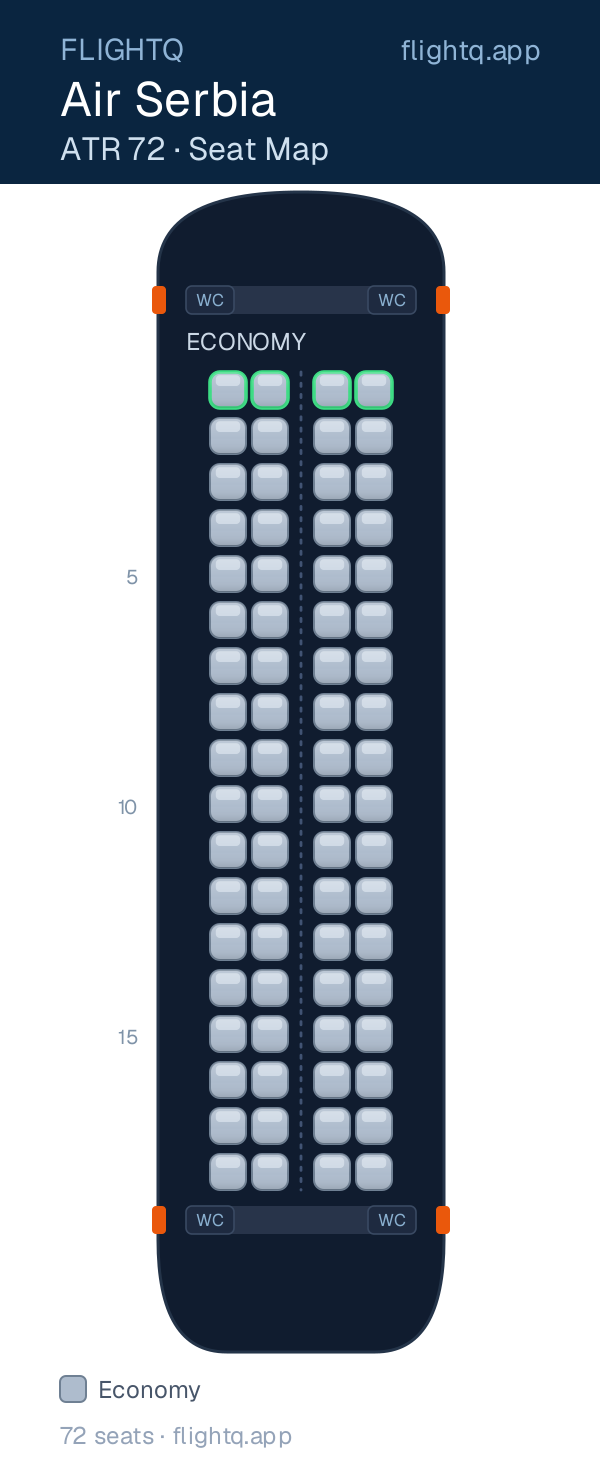 Air Serbia ATR 72 seat map with 72 seats — best seats and rows to avoid