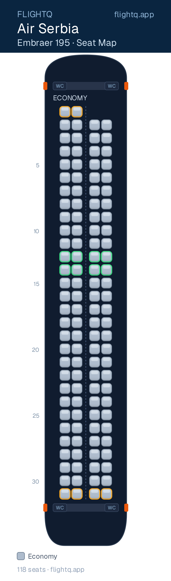 Air Serbia Embraer E195 seat map with 118 seats — best seats and rows to avoid