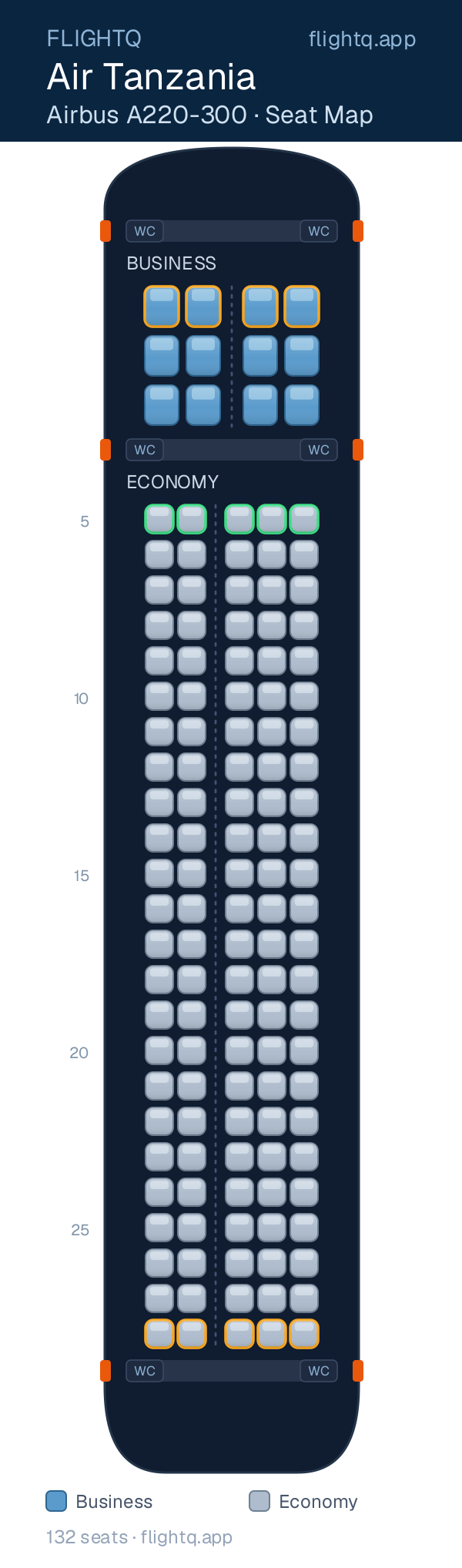 Air Tanzania Airbus A220-300 seat map with 132 seats across 2 cabins — best seats and rows to avoid