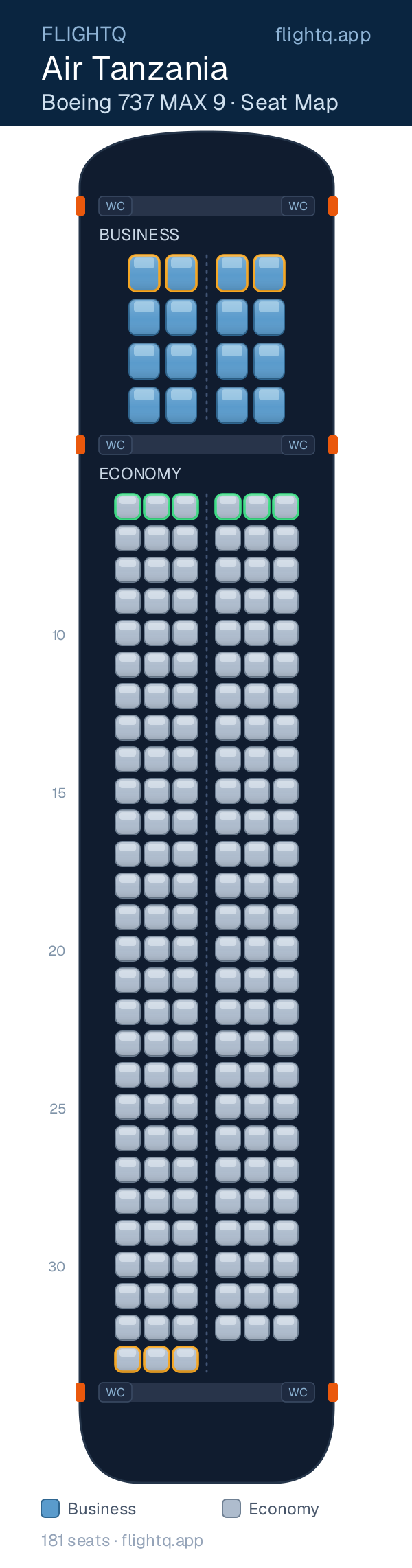 Air Tanzania Boeing 737 MAX 9 seat map with 181 seats across 2 cabins — best seats and rows to avoid