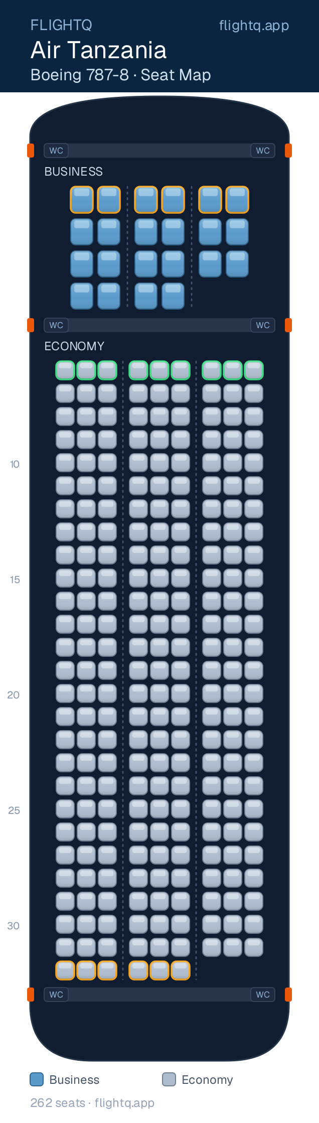 Air Tanzania Boeing 787-8 Dreamliner seat map with 262 seats across 2 cabins — best seats and rows to avoid