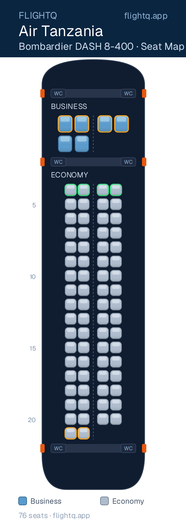 Air Tanzania Bombardier DASH 8-400 seat map with 76 seats across 2 cabins — best seats and rows to avoid