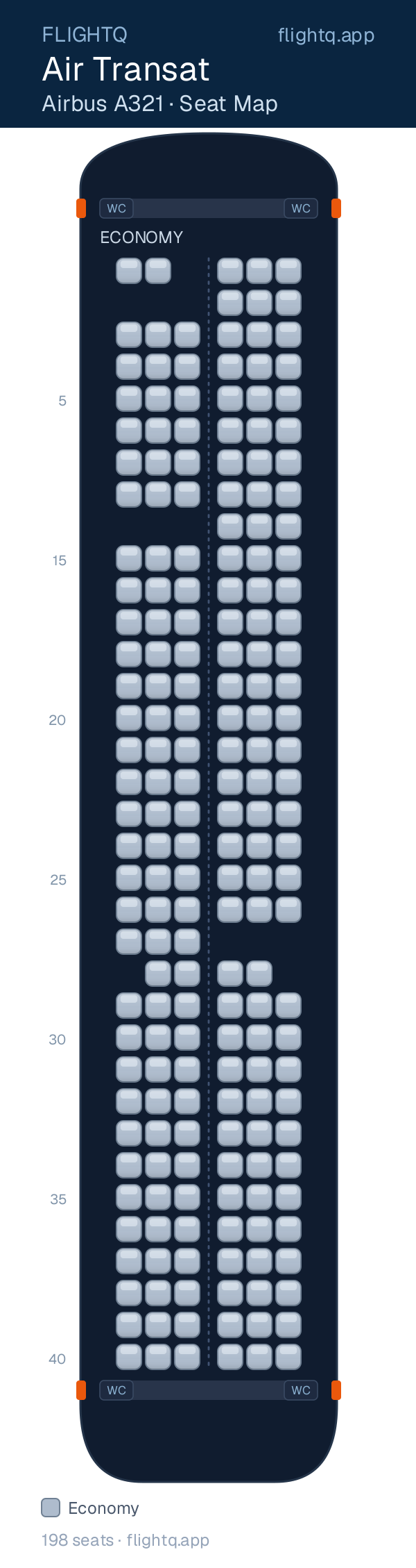 Air Transat Airbus A321 seat map with 198 seats — best seats and rows to avoid