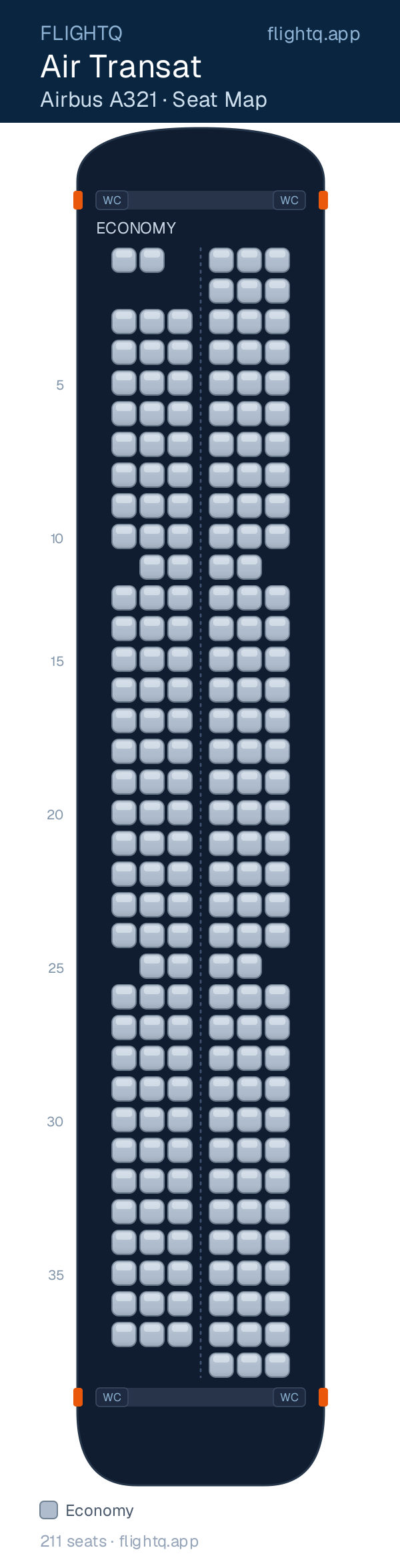 Air Transat Airbus A321 seat map with 211 seats — best seats and rows to avoid