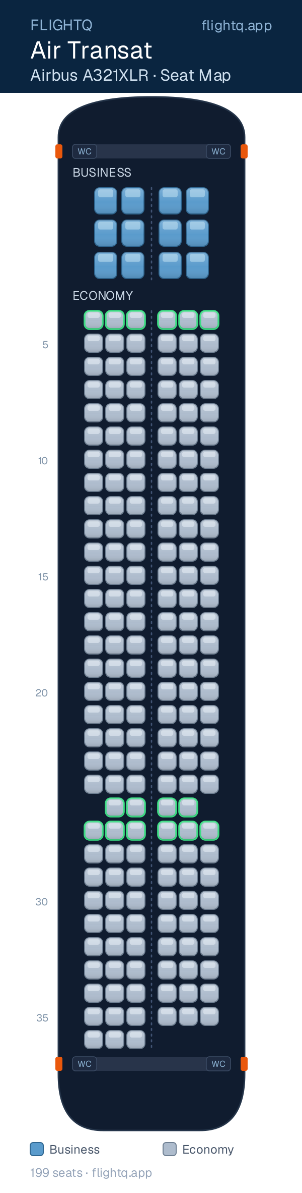 Air Transat Airbus A321XLR seat map with 199 seats across 2 cabins — best seats and rows to avoid