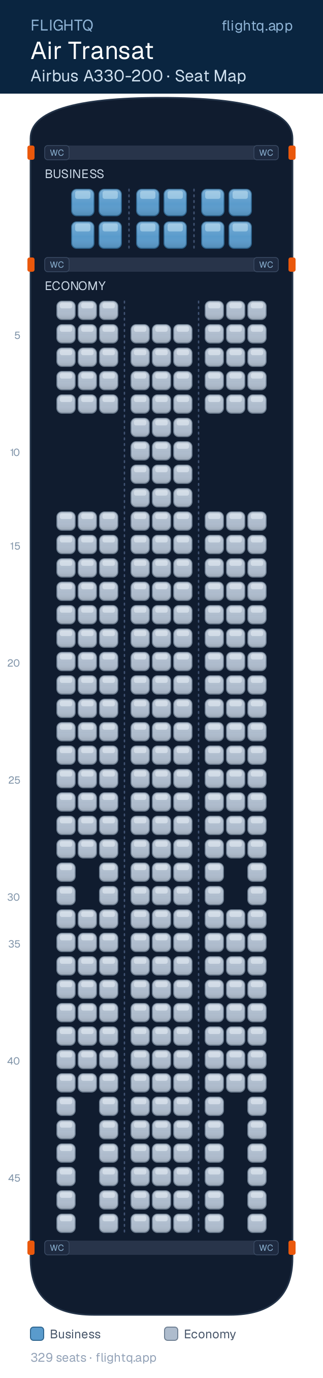 Air Transat Airbus A330-200 seat map with 329 seats across 2 cabins — best seats and rows to avoid