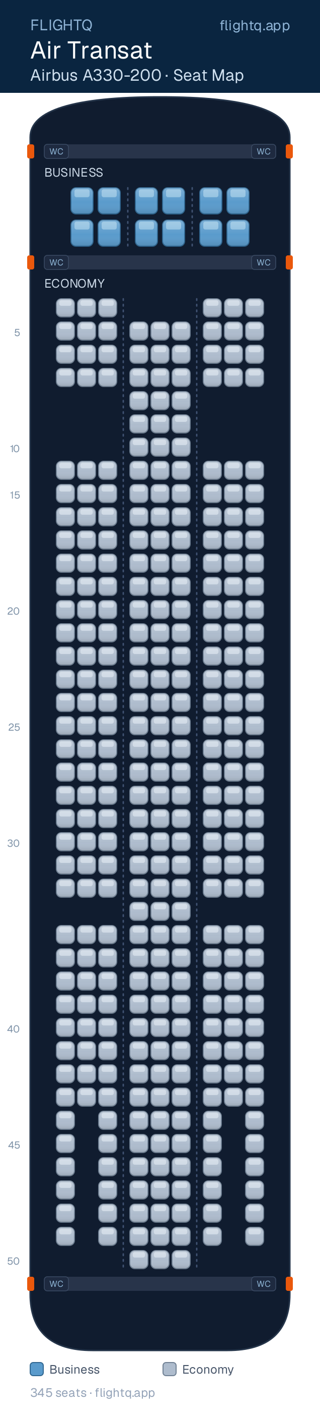 Air Transat Airbus A330-200 seat map with 345 seats across 2 cabins — best seats and rows to avoid