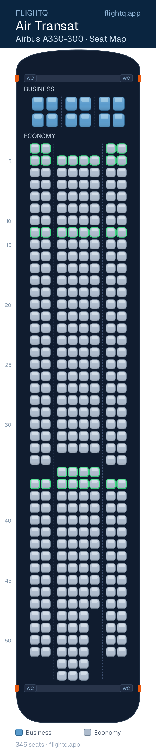 Air Transat Airbus A330-300 seat map with 346 seats across 2 cabins — best seats and rows to avoid