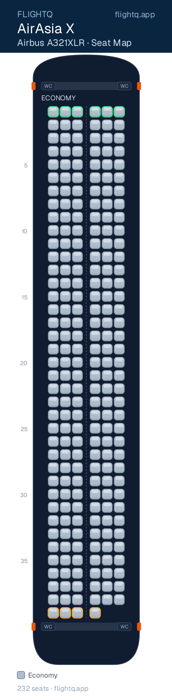AirAsia X Airbus A321XLR seat map with 232 seats — best seats and rows to avoid