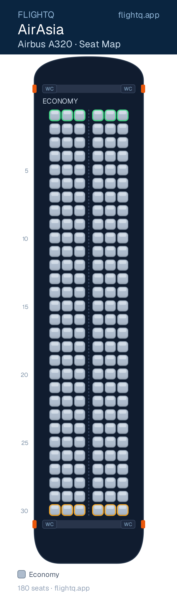 AirAsia Airbus A320 seat map with 180 seats — best seats and rows to avoid