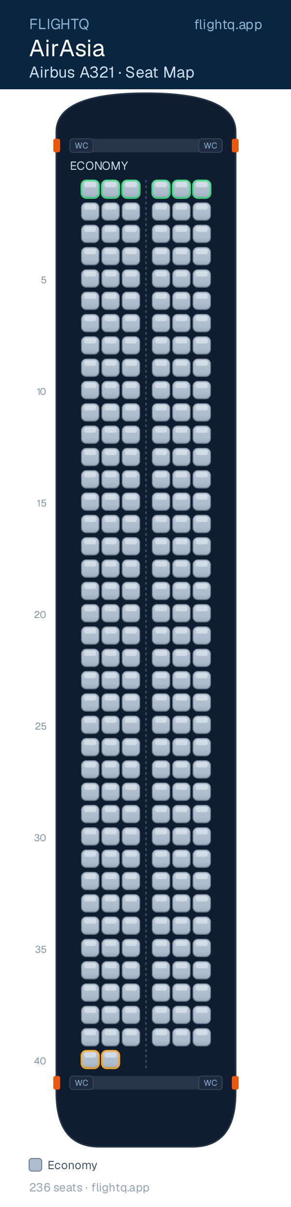 AirAsia Airbus A321 seat map with 236 seats — best seats and rows to avoid