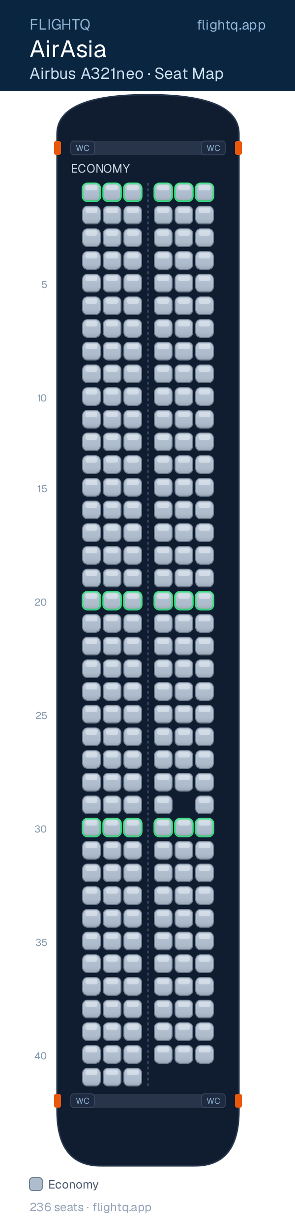 AirAsia Airbus A321neo seat map with 236 seats — best seats and rows to avoid