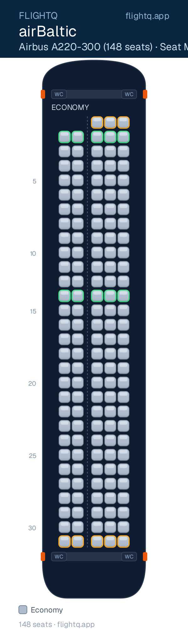 airBaltic Airbus A220-300 seat map with 148 seats — best seats and rows to avoid