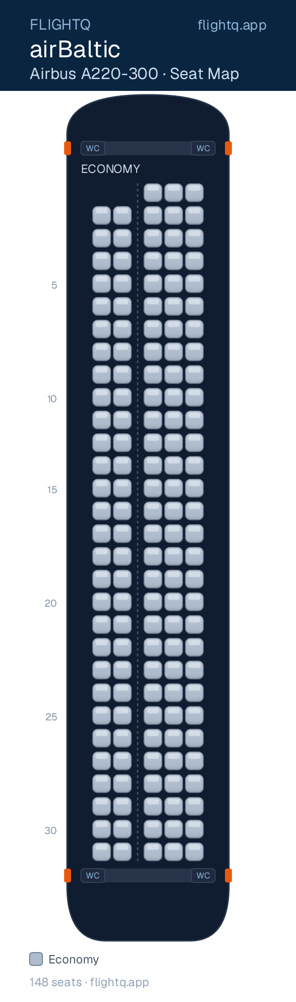 airBaltic Airbus A220-300 seat map with 148 seats — best seats and rows to avoid
