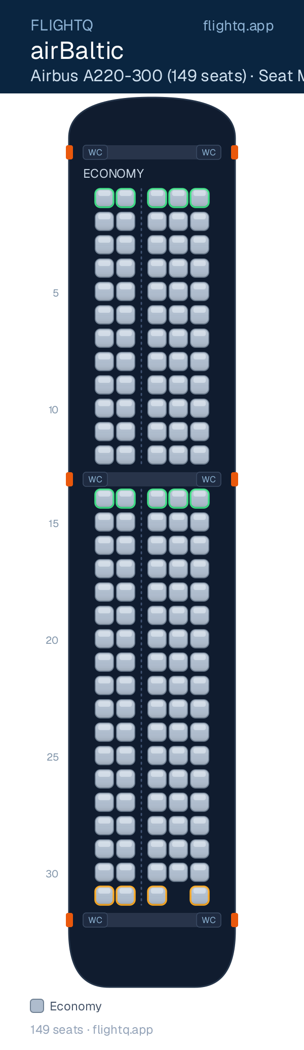 airBaltic Airbus A220-300 seat map with 149 seats — best seats and rows to avoid