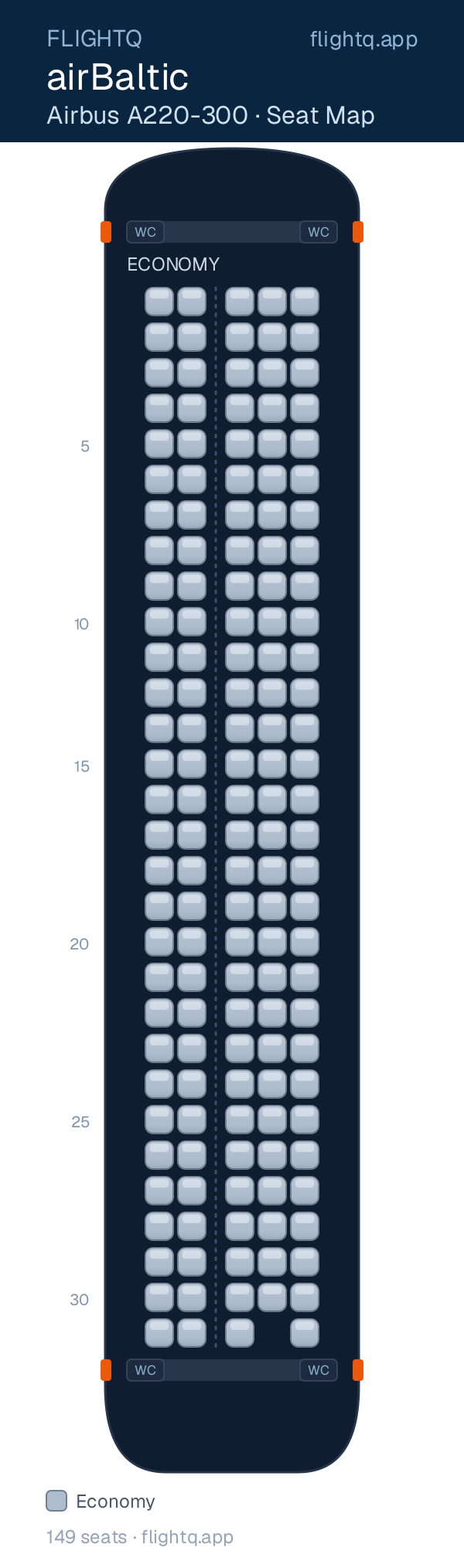 airBaltic Airbus A220-300 seat map with 149 seats — best seats and rows to avoid