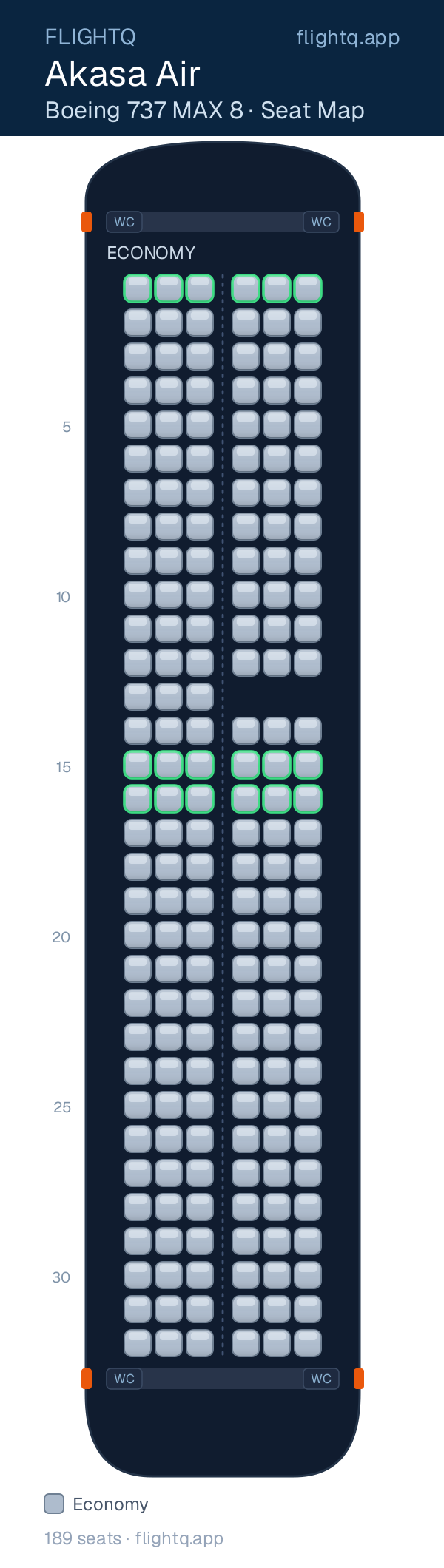 Akasa Air Boeing 737 MAX 8 seat map with 189 seats — best seats and rows to avoid