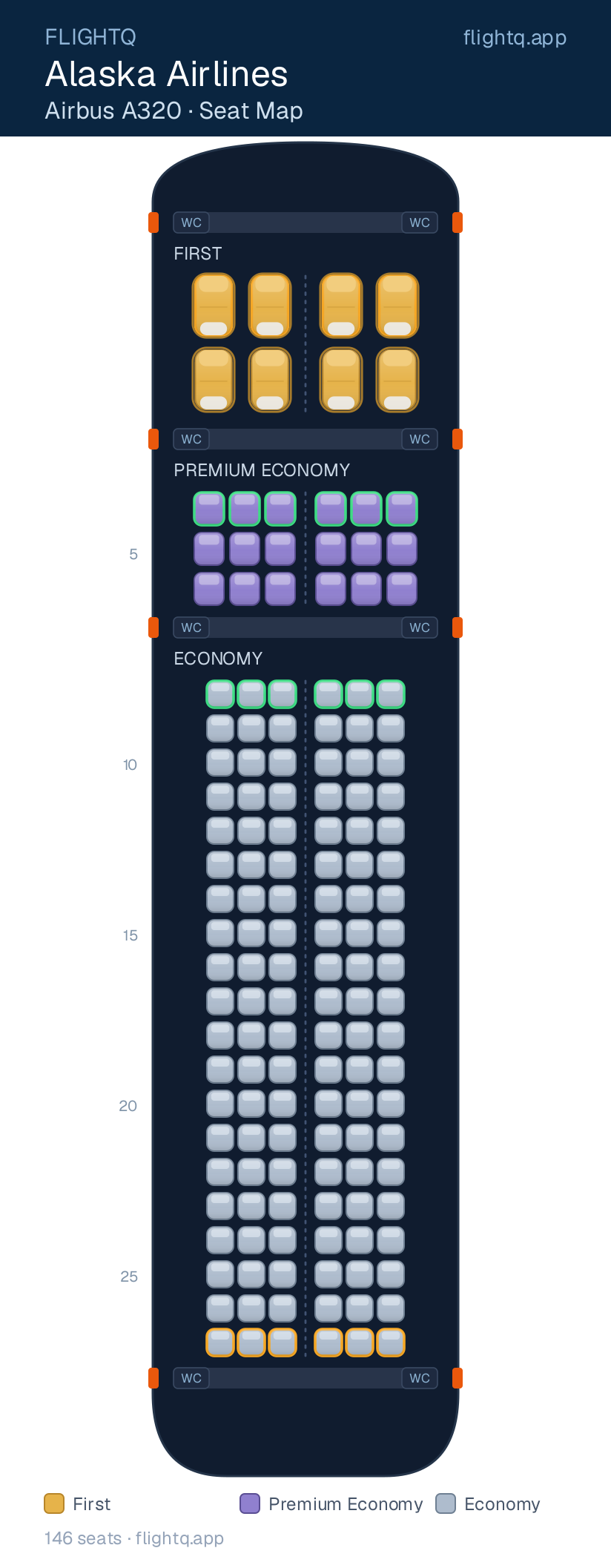 Alaska Airlines Airbus A320 seat map with 146 seats across 3 cabins — best seats and rows to avoid