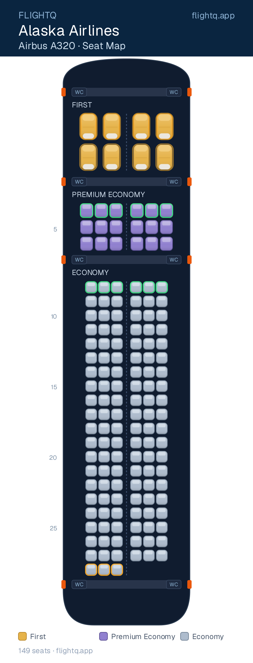 Alaska Airlines Airbus A320 seat map with 149 seats across 3 cabins — best seats and rows to avoid