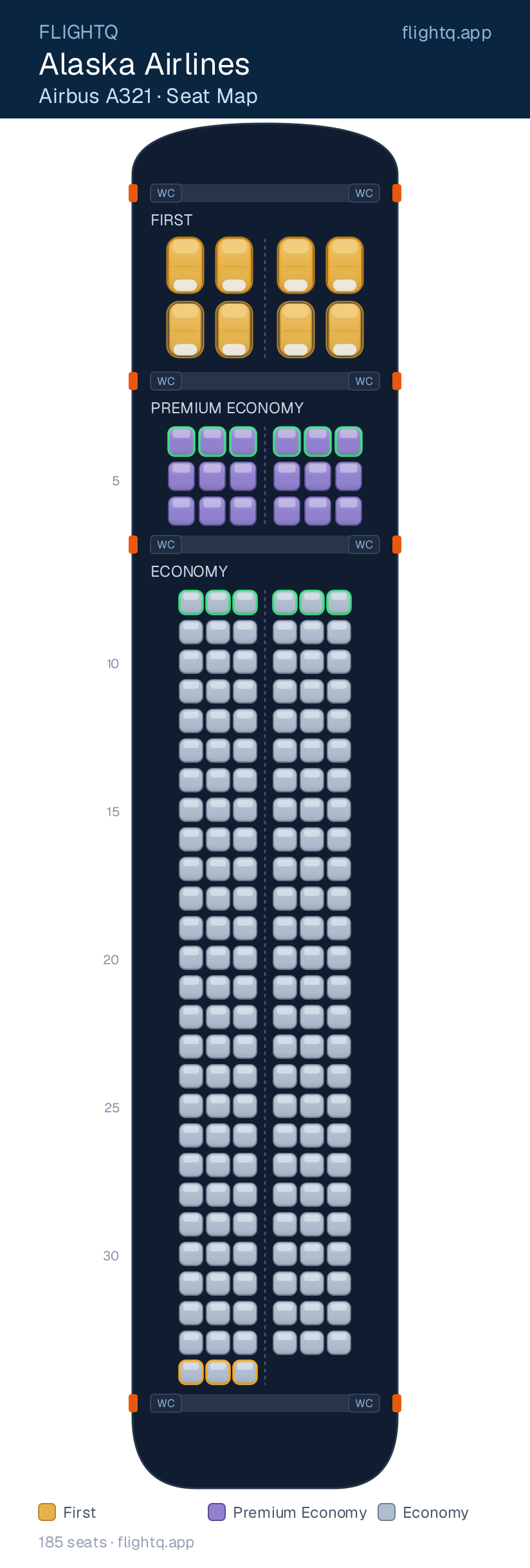 Alaska Airlines Airbus A321 seat map with 185 seats across 3 cabins — best seats and rows to avoid