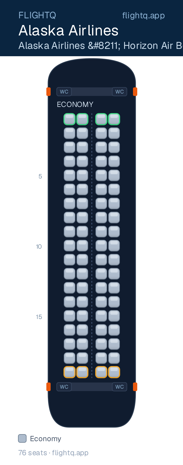 Alaska Airlines De Havilland Dash 8-400 seat map with 76 seats — best seats and rows to avoid