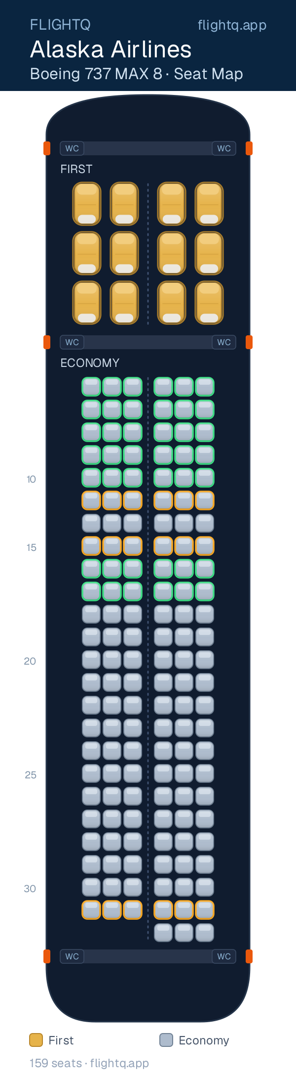 Alaska Airlines Boeing 737 MAX 8 seat map with 159 seats across 2 cabins — best seats and rows to avoid
