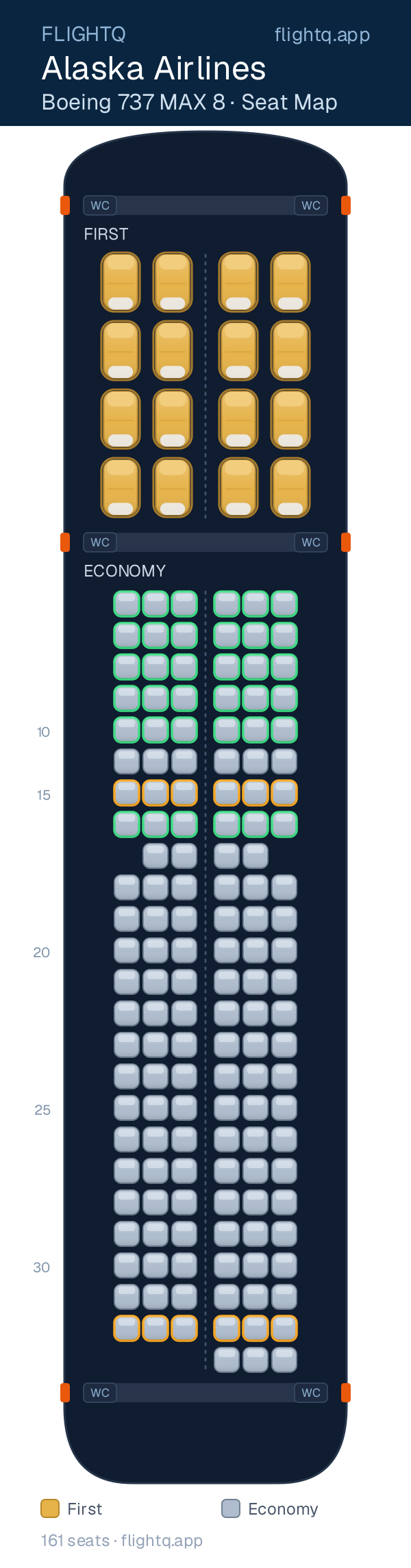 Alaska Airlines Boeing 737 MAX 8 seat map with 161 seats across 2 cabins — best seats and rows to avoid