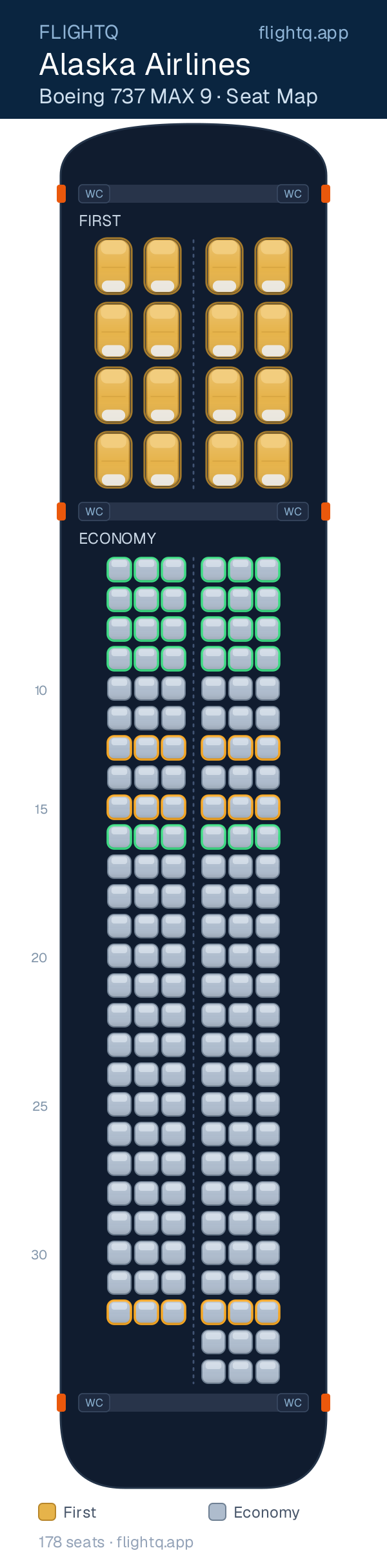 Alaska Airlines Boeing 737 MAX 9 seat map with 178 seats across 2 cabins — best seats and rows to avoid