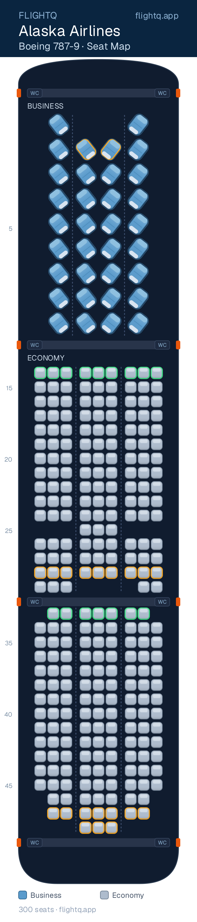 Alaska Airlines Boeing 787-9 Dreamliner seat map with 300 seats across 2 cabins — best seats and rows to avoid