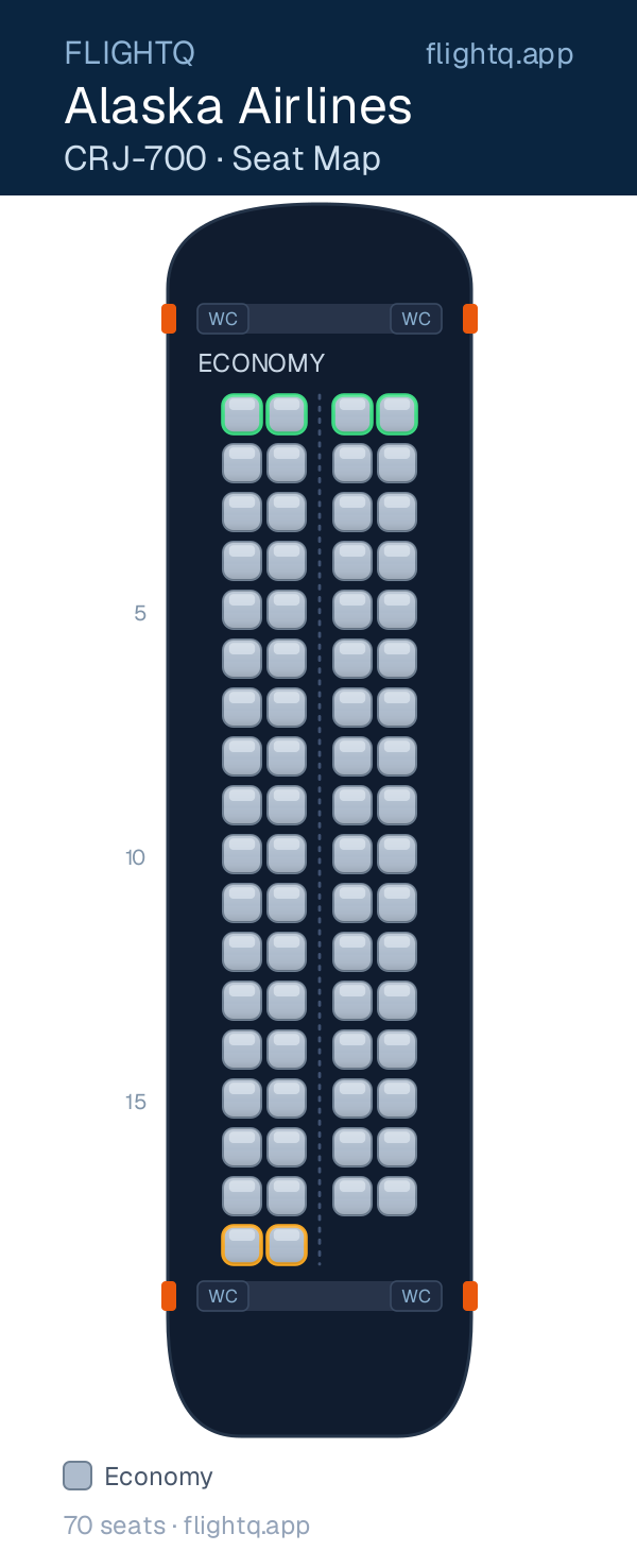 Alaska Airlines Bombardier CRJ700 seat map with 70 seats — best seats and rows to avoid