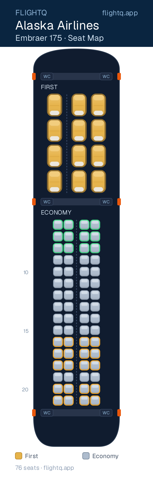Alaska Airlines Embraer E175 seat map with 76 seats across 2 cabins — best seats and rows to avoid