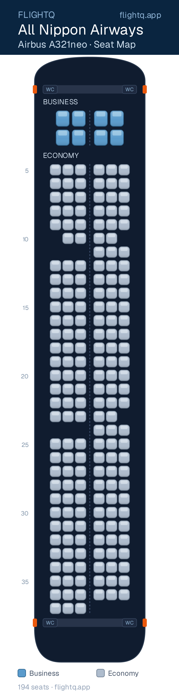 All Nippon Airways Airbus A321 seat map with 194 seats across 2 cabins — best seats and rows to avoid
