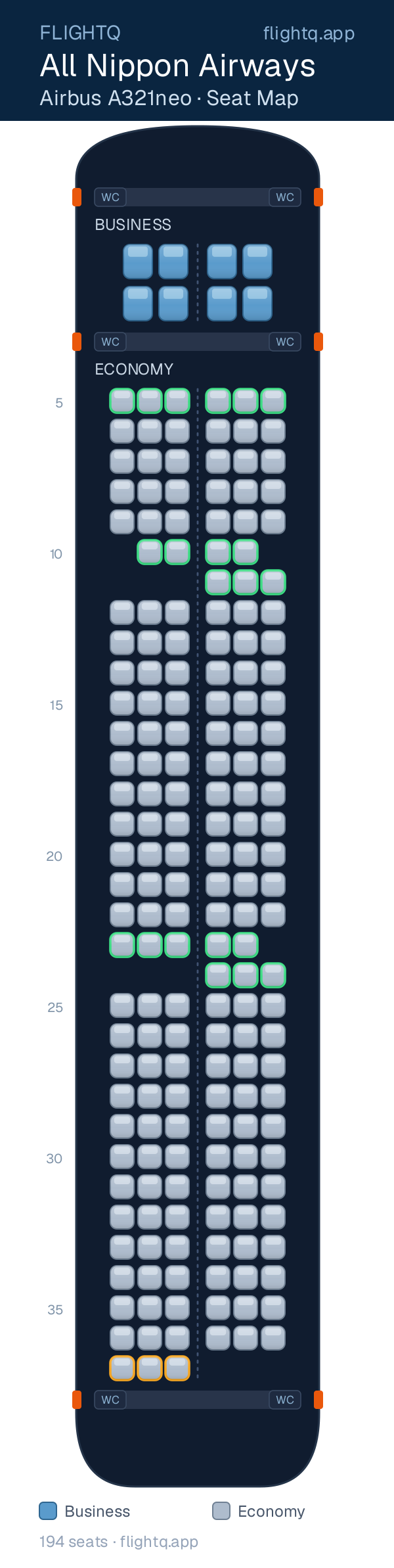 All Nippon Airways Airbus A321 seat map with 194 seats across 2 cabins — best seats and rows to avoid