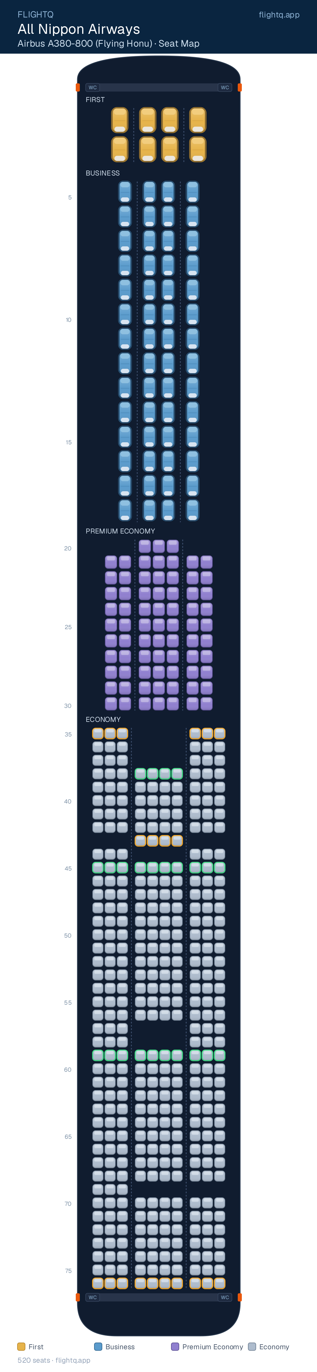 All Nippon Airways Airbus A380-800 (Flying Honu) seat map with 520 seats across 4 cabins — best seats and rows to avoid