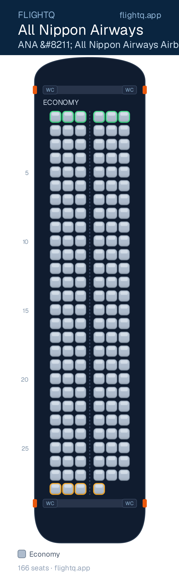 All Nippon Airways Airbus A320 seat map with 166 seats — best seats and rows to avoid
