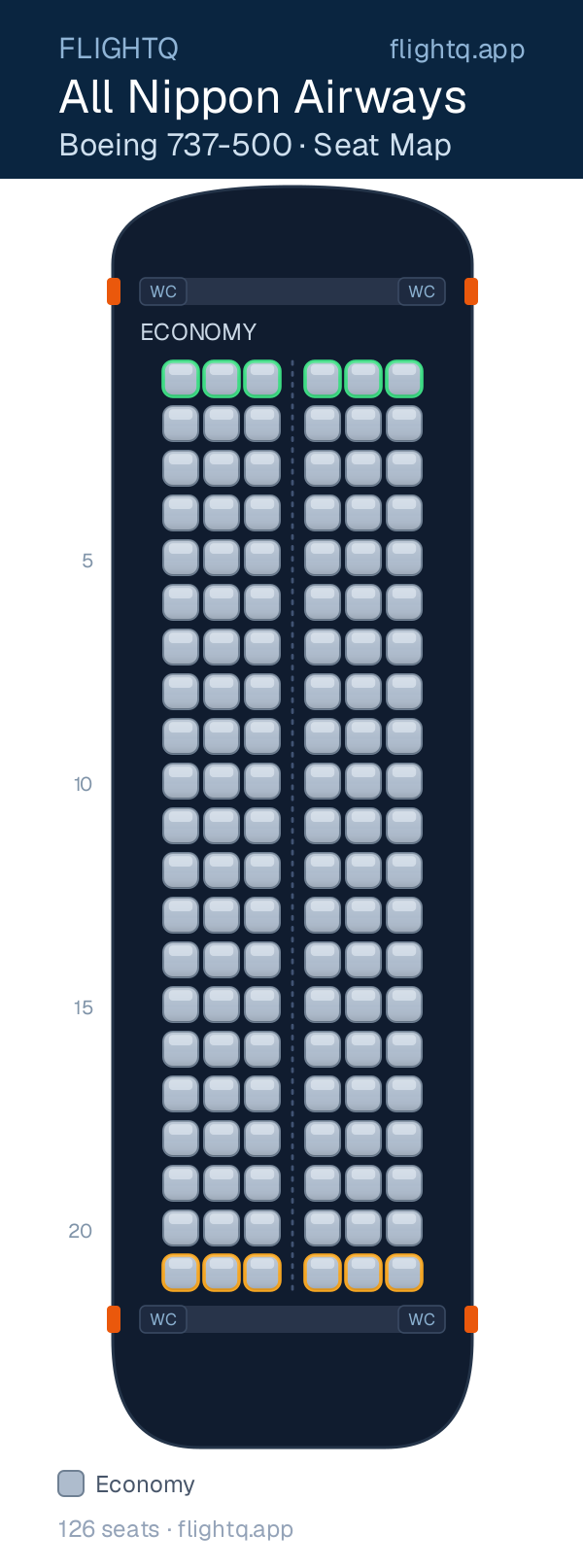 All Nippon Airways Boeing 737-500 seat map with 126 seats — best seats and rows to avoid