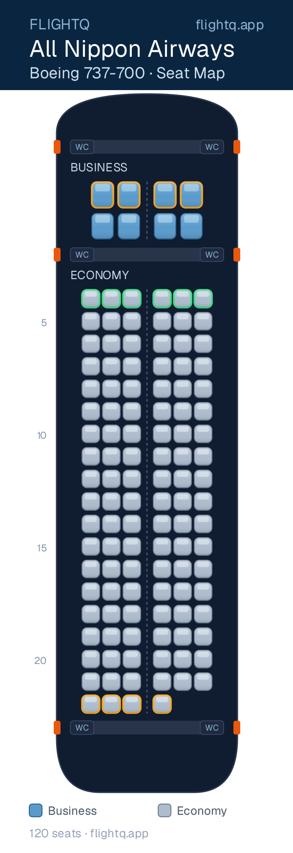 All Nippon Airways Boeing 737-700 seat map with 120 seats across 2 cabins — best seats and rows to avoid