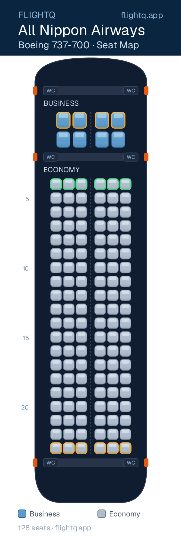 All Nippon Airways Boeing 737-700 seat map with 128 seats across 2 cabins — best seats and rows to avoid